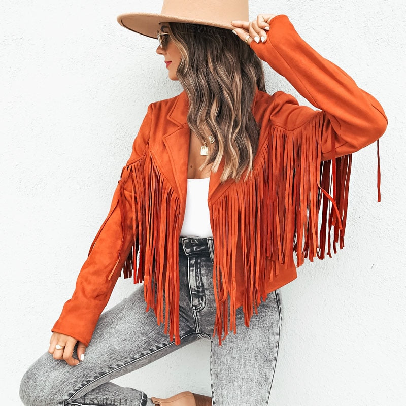 Trendy Suede Ladies Jacket with Fringes - Isabella-Orange-S-Nora Luxe