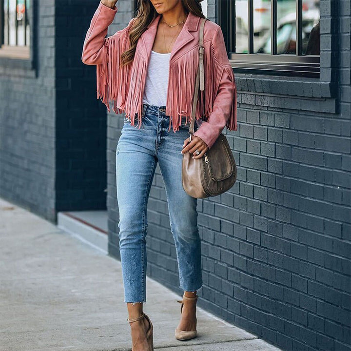Trendy Suede Ladies Jacket with Fringes - Isabella-Pink-S-Nora Luxe