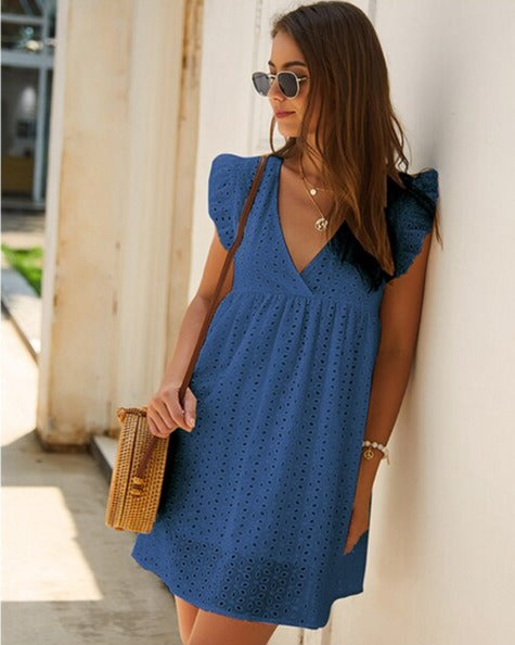 Trendy summer mini dress with ruffled sleeves – Elina-Black-XS-Nora Luxe