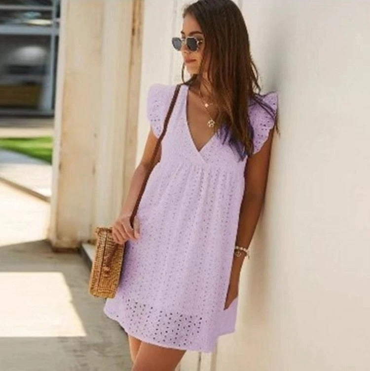 Trendy summer mini dress with ruffled sleeves – Elina-Lavender-XS-Nora Luxe