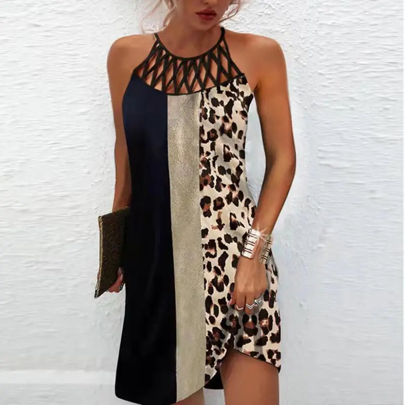 Trendy summer tunic dress with ethnic print & spaghetti straps – Kiara-Leopard print-S-Nora Luxe