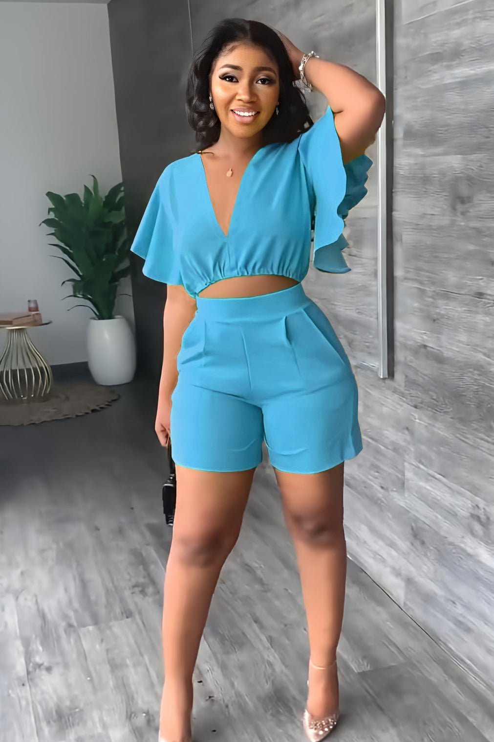 Trendy summer two-piece set with pleated design – Marlene-Blue-S-Nora Luxe