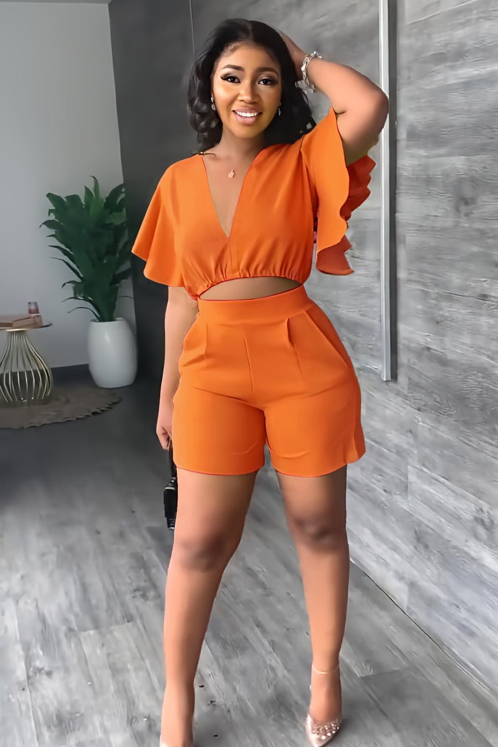 Trendy summer two-piece set with pleated design – Marlene-Orange-S-Nora Luxe