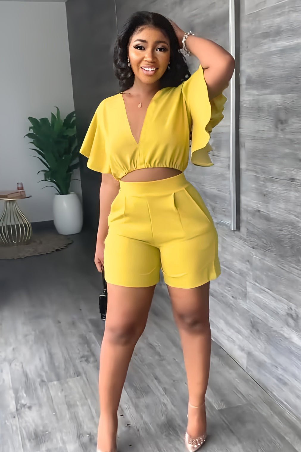 Trendy summer two-piece set with pleated design – Marlene-Yellow-S-Nora Luxe