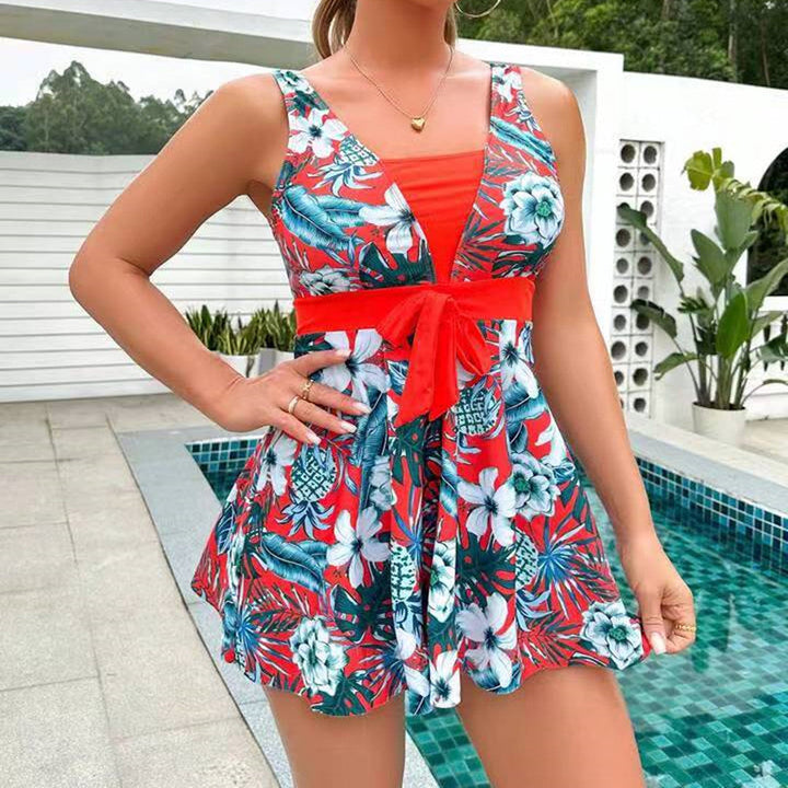 Trendy Tankini with Print and Skirt Style Split – Zamira-Red-S-State of Style