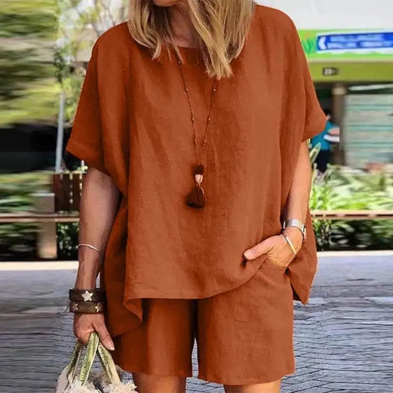 Trendy Two-Piece Linen Summer Set with Shorts for Women – Nayla-Chestnut brown-S-Nora Luxe