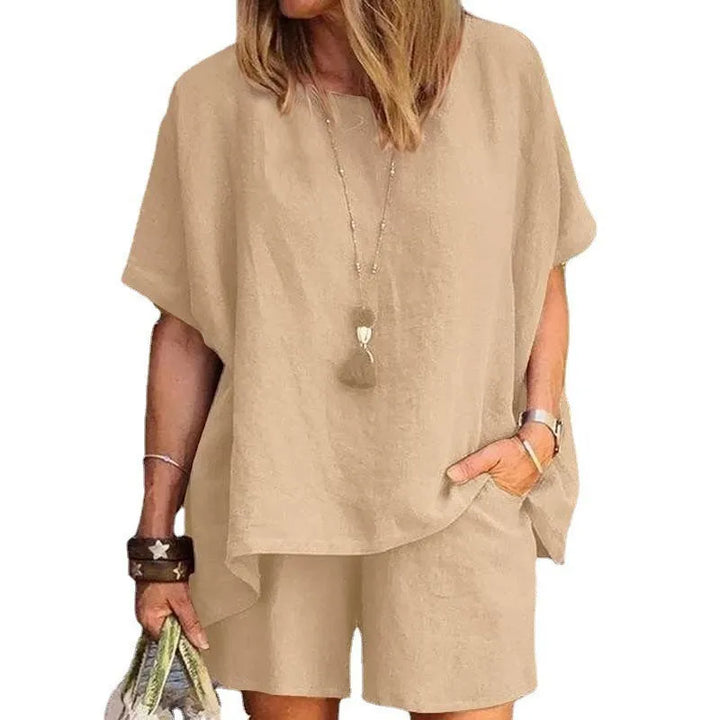 Trendy Two-Piece Linen Summer Set with Shorts for Women – Nayla-Gray-S-Nora Luxe