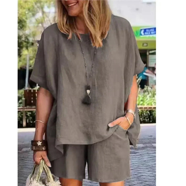 Trendy Two-Piece Linen Summer Set with Shorts for Women – Nayla-Gray-S-Nora Luxe