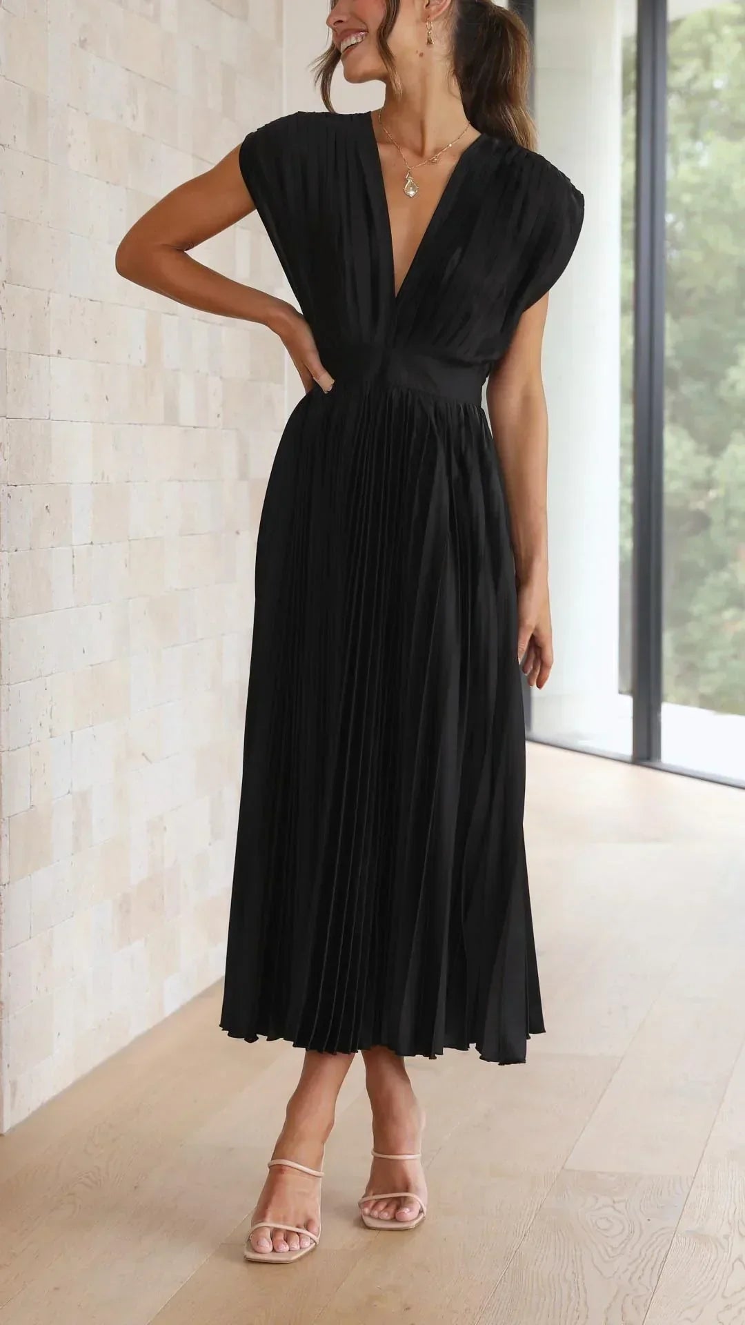 Trendy V-Neck Dress with Tie Closure - Isabella-Black-S-Nora Luxe