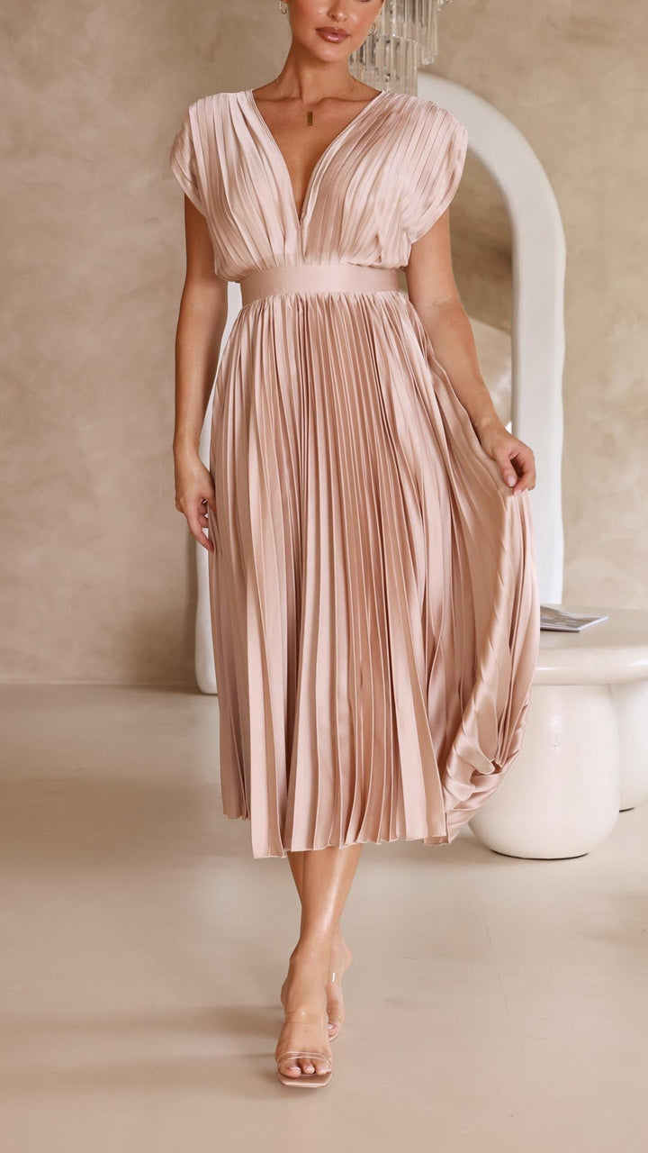 Trendy V-Neck Dress with Tie Closure - Isabella-Champagne-S-Nora Luxe