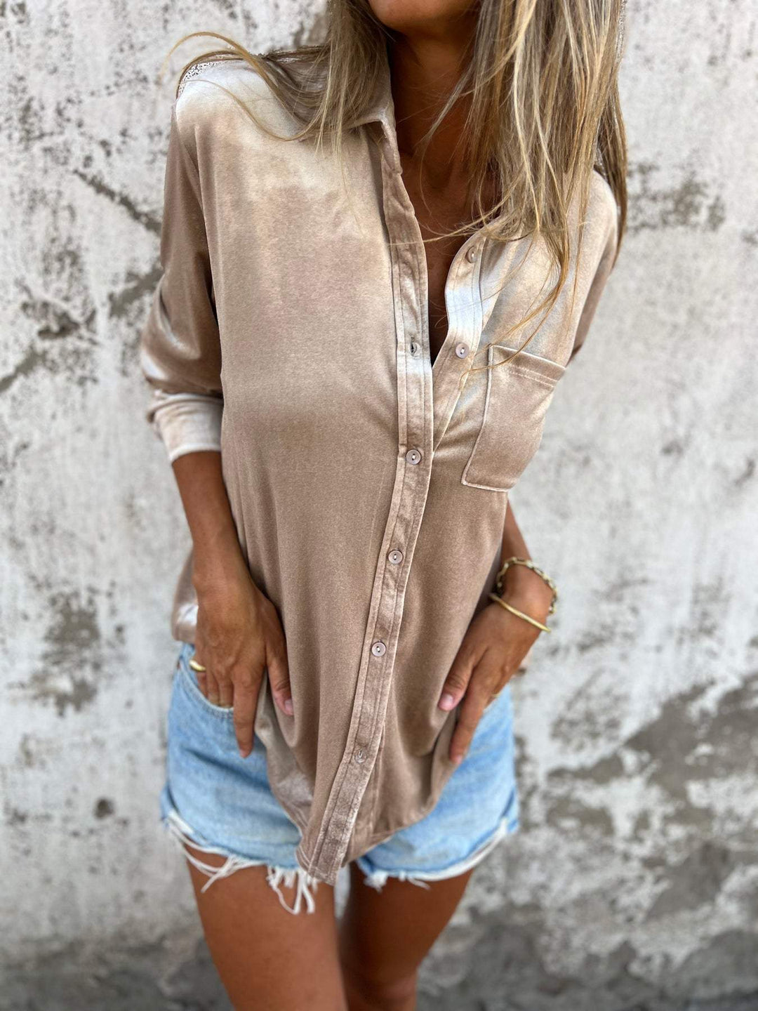 Trendy Velvet Blouse with Long Sleeves - Clara-Apricot-S-Nora Luxe