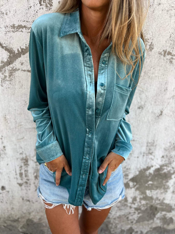 Trendy Velvet Blouse with Long Sleeves - Clara-Light Blue-S-Nora Luxe