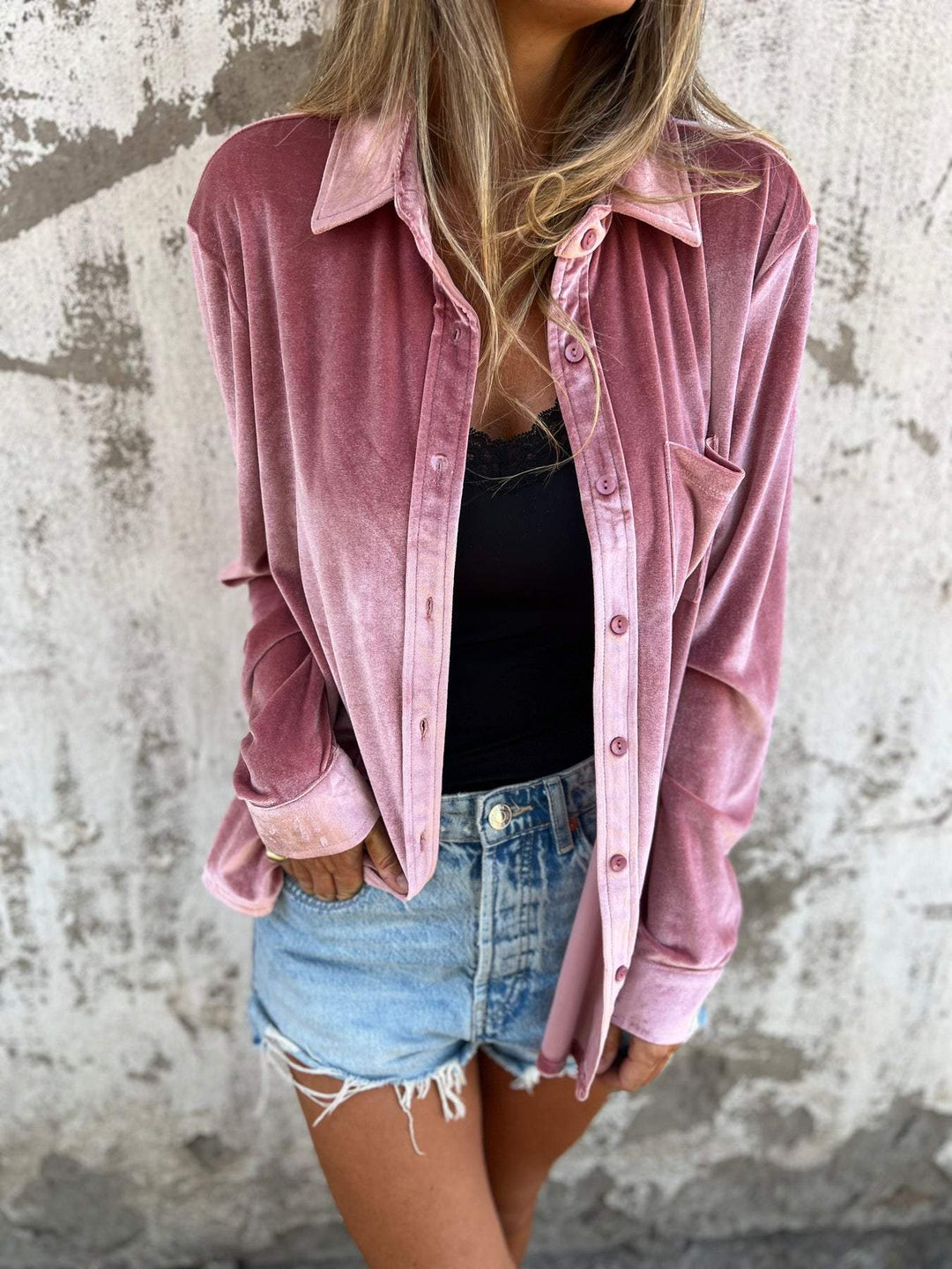 Trendy Velvet Blouse with Long Sleeves - Clara-Pink-S-Nora Luxe