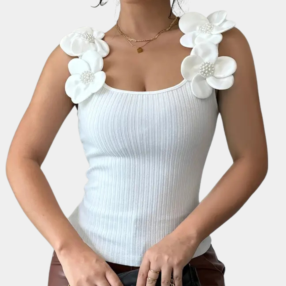 Trendy White Sleeveless Ladies' Top with Floral Details - Elara-XS-Nora Luxe