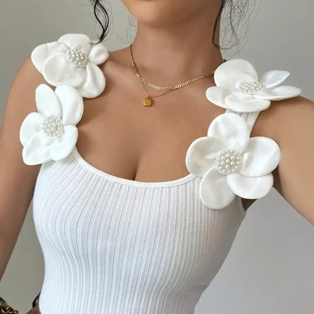 Trendy White Sleeveless Ladies' Top with Floral Details - Elara-XS-Nora Luxe