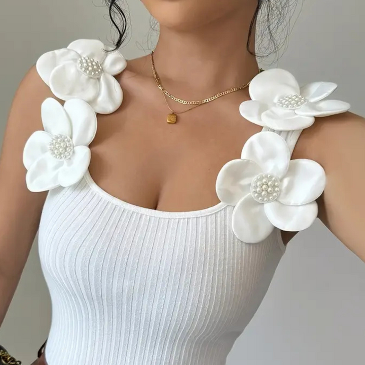 Trendy White Sleeveless Ladies' Top with Floral Details - Elara-XS-Nora Luxe