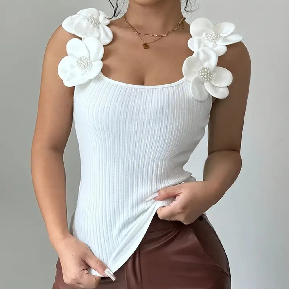 Trendy White Sleeveless Ladies' Top with Floral Details - Elara-XS-Nora Luxe
