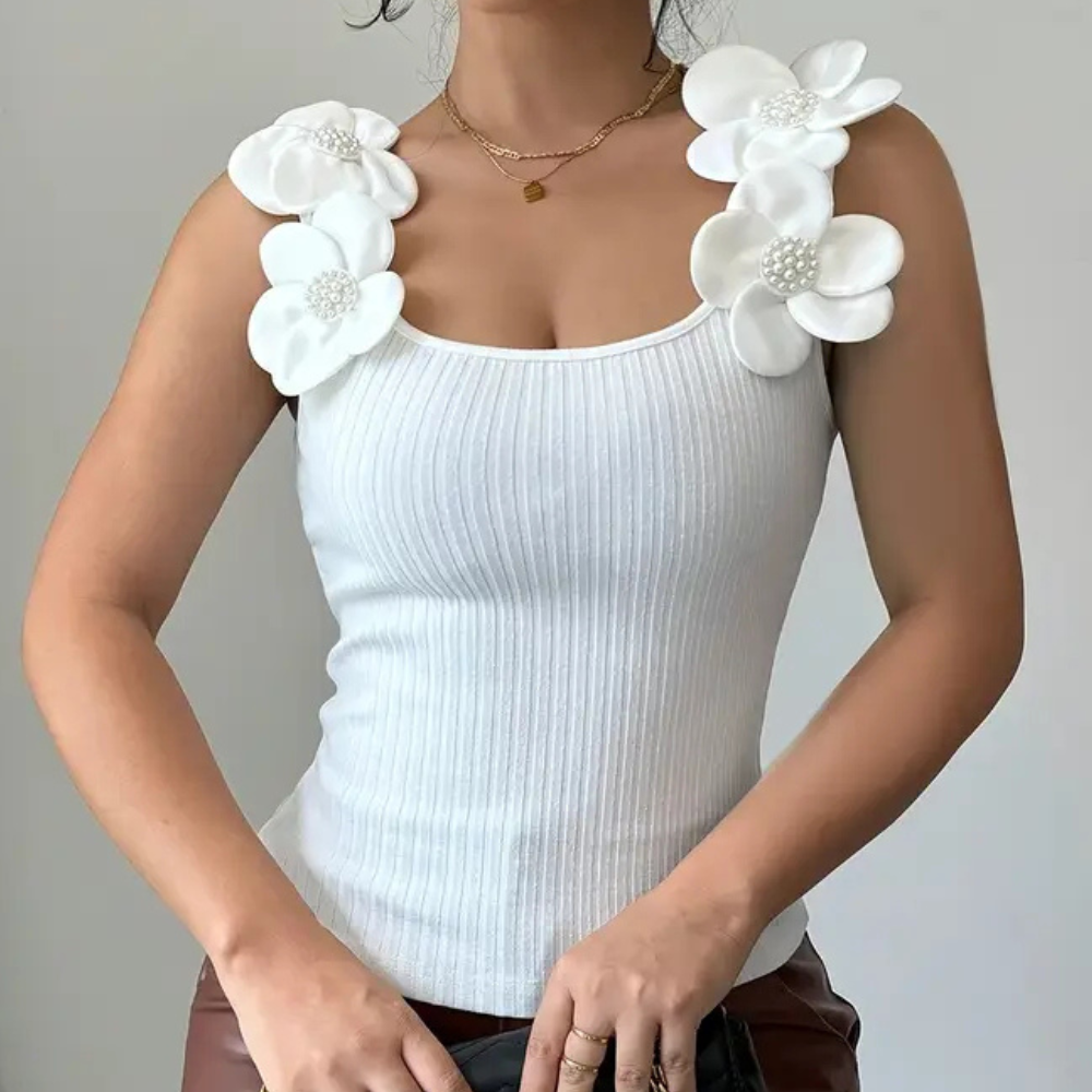 Trendy White Sleeveless Ladies' Top with Floral Details - Elara-XS-Nora Luxe