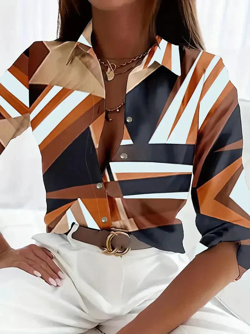 Trendy women's blouse with abstract pattern and button placket – Marlene-Yellow-XS-Nora Luxe