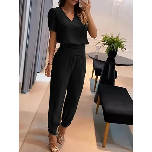 Trendy women's jumpsuit with short sleeves & wide legs – Alina-Black-S-Nora Luxe