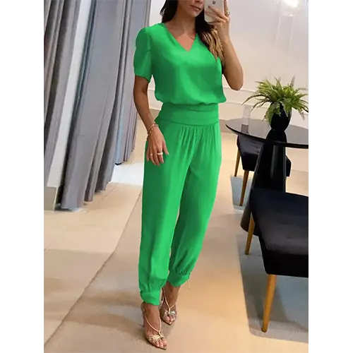 Trendy women's jumpsuit with short sleeves & wide legs – Alina-Light green-S-Nora Luxe