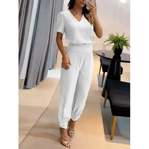 Trendy women's jumpsuit with short sleeves & wide legs – Alina-White-S-Nora Luxe