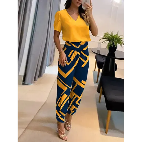 Trendy women's jumpsuit with short sleeves & wide legs – Alina-Yellow-S-Nora Luxe