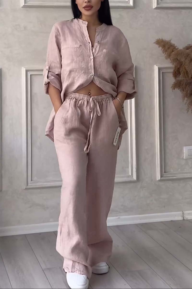 Trendy women's linen two-piece set with blouse & wide trousers – Lina-Apricot-S-Nora Luxe