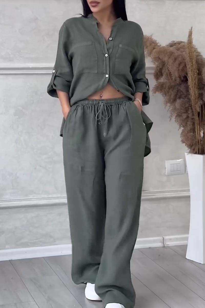 Trendy women's linen two-piece set with blouse & wide trousers – Lina-Army green-S-Nora Luxe
