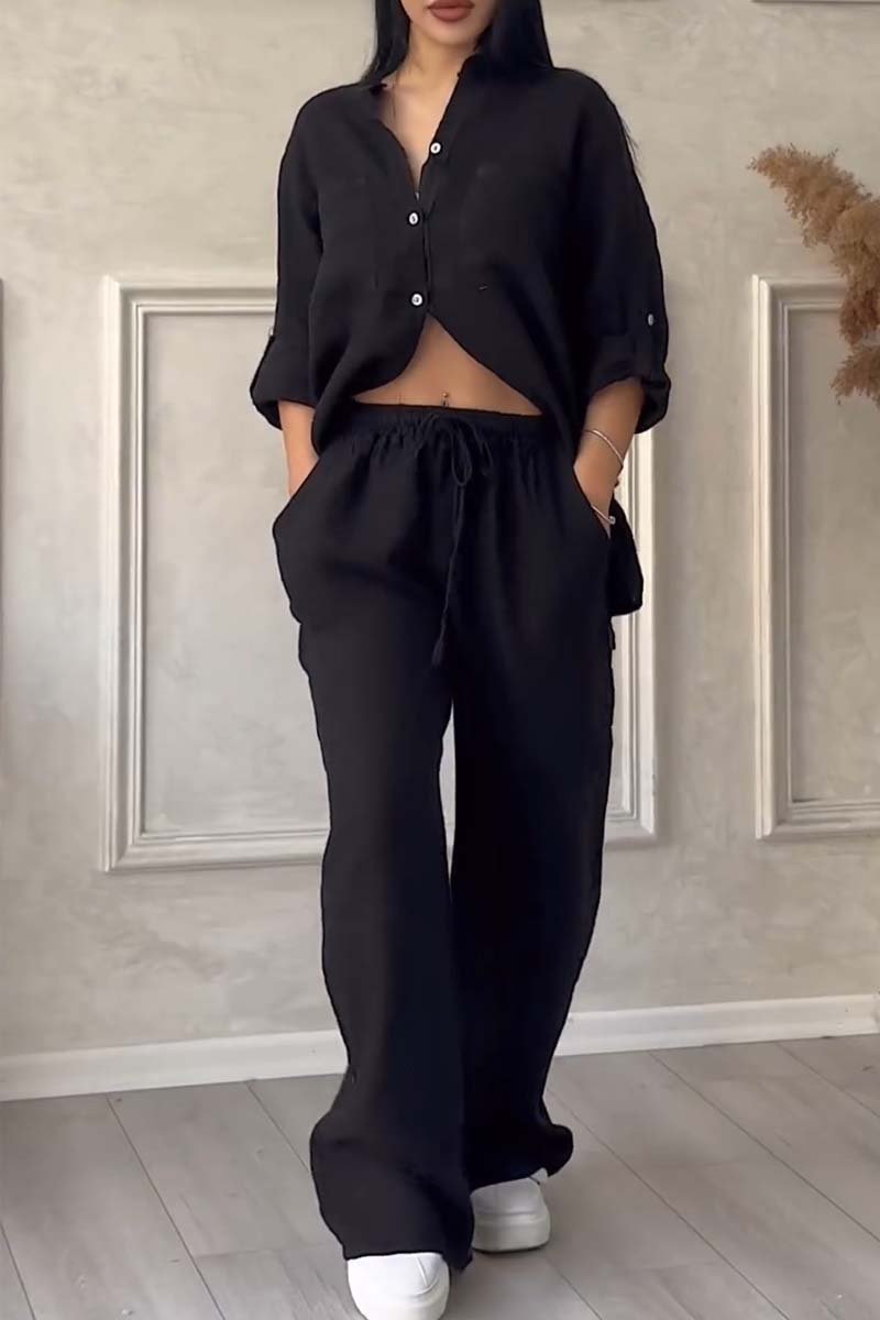 Trendy women's linen two-piece set with blouse & wide trousers – Lina-Black-S-Nora Luxe
