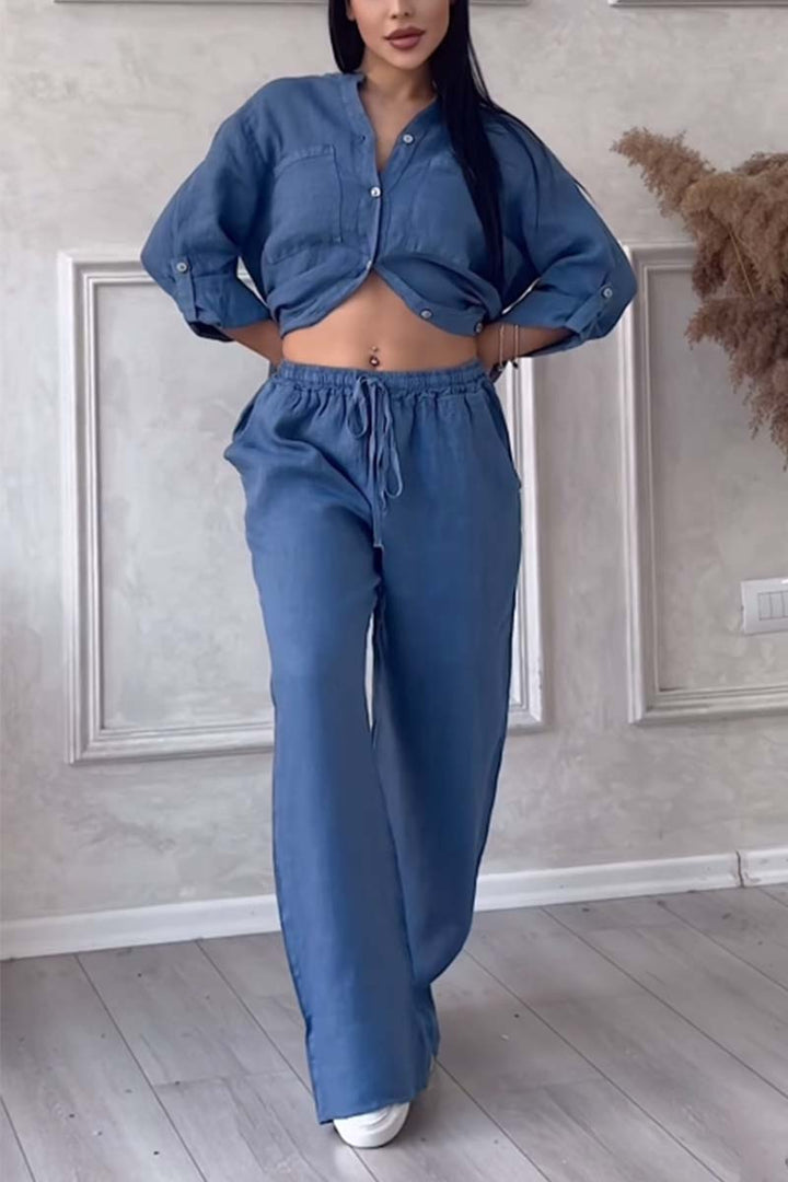 Trendy women's linen two-piece set with blouse & wide trousers – Lina-Blue-S-Nora Luxe