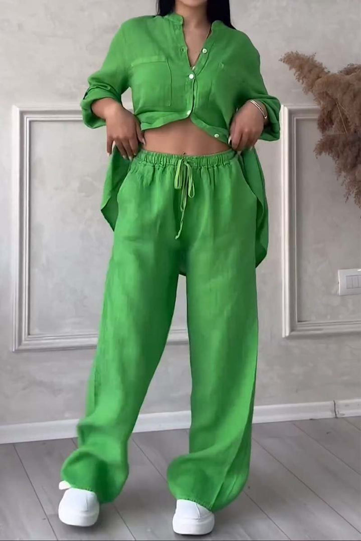 Trendy women's linen two-piece set with blouse & wide trousers – Lina-Green-S-Nora Luxe