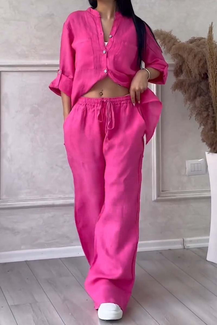 Trendy women's linen two-piece set with blouse & wide trousers – Lina-Pink-S-Nora Luxe