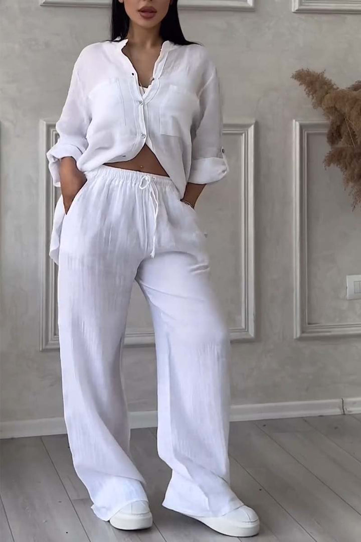 Trendy women's linen two-piece set with blouse & wide trousers – Lina-White-S-Nora Luxe