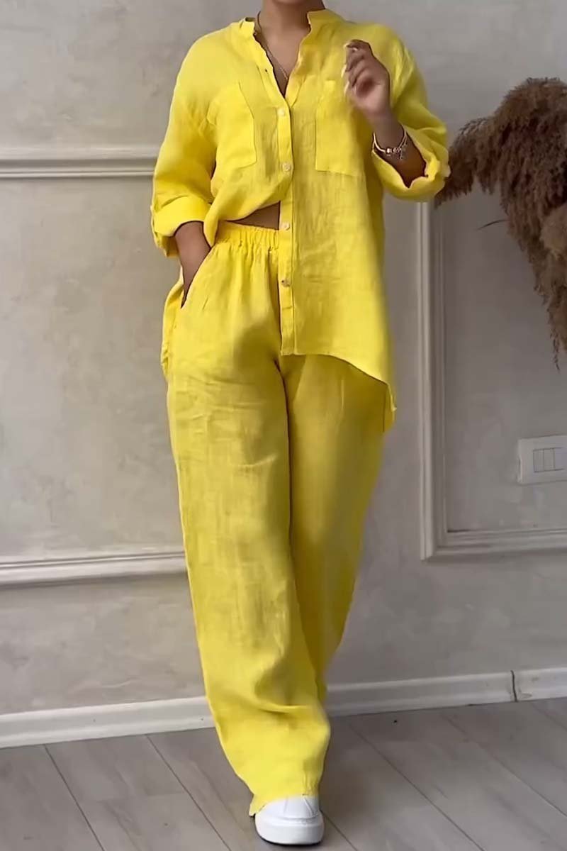 Trendy women's linen two-piece set with blouse & wide trousers – Lina-Yellow-S-Nora Luxe