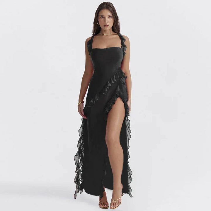 Trendy women's maxi dress with ruffles & chiffon for summer – Amira-Black-S-Nora Luxe