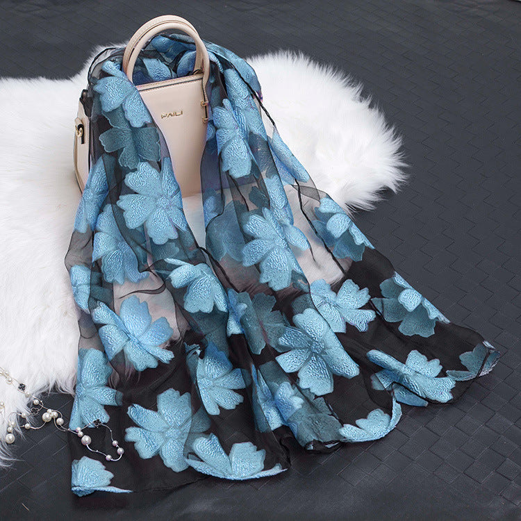 Trendy women's silk scarf with floral pattern and cut-out design – Fiora (1+1 FREE)-Aqua Blue-Nora Luxe