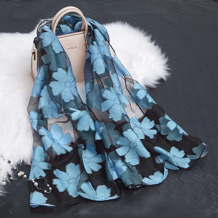 Trendy women's silk scarf with floral pattern and cut-out design – Fiora (1+1 FREE)-Aqua Blue-Nora Luxe