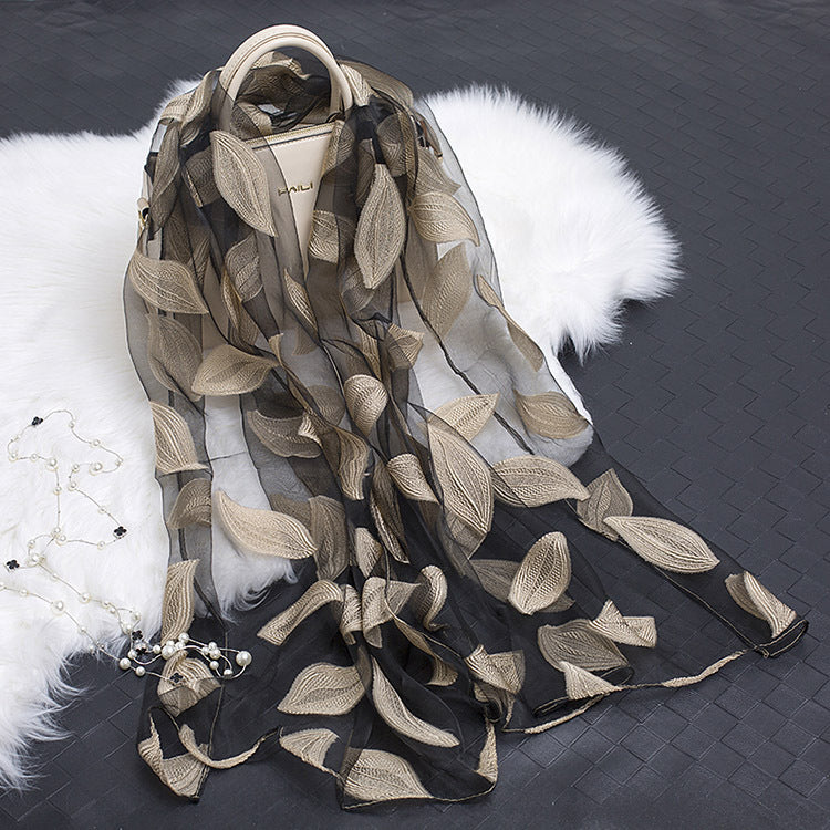 Trendy women's silk scarf with floral pattern and cut-out design – Fiora (1+1 FREE)-Beige leaves-Nora Luxe