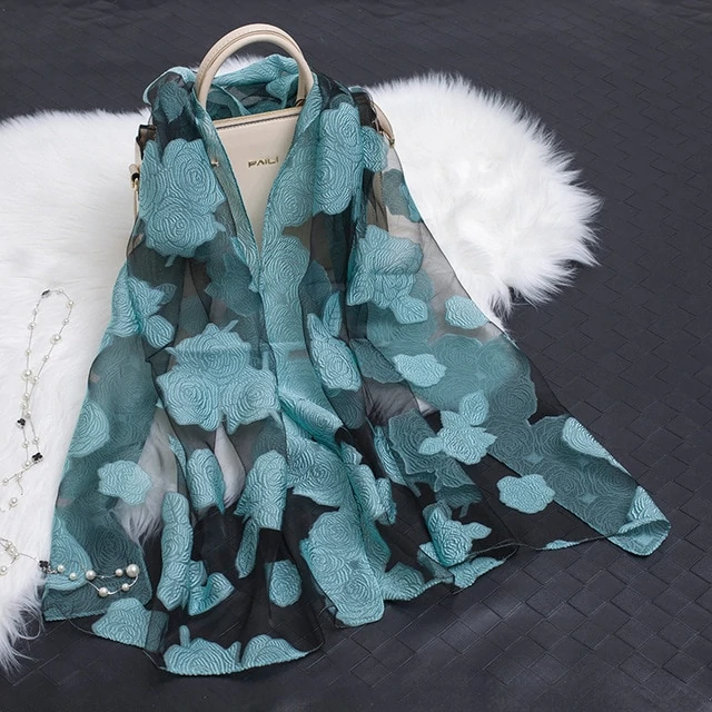 Trendy women's silk scarf with floral pattern and cut-out design – Fiora (1+1 FREE)-Blue Rose-Nora Luxe