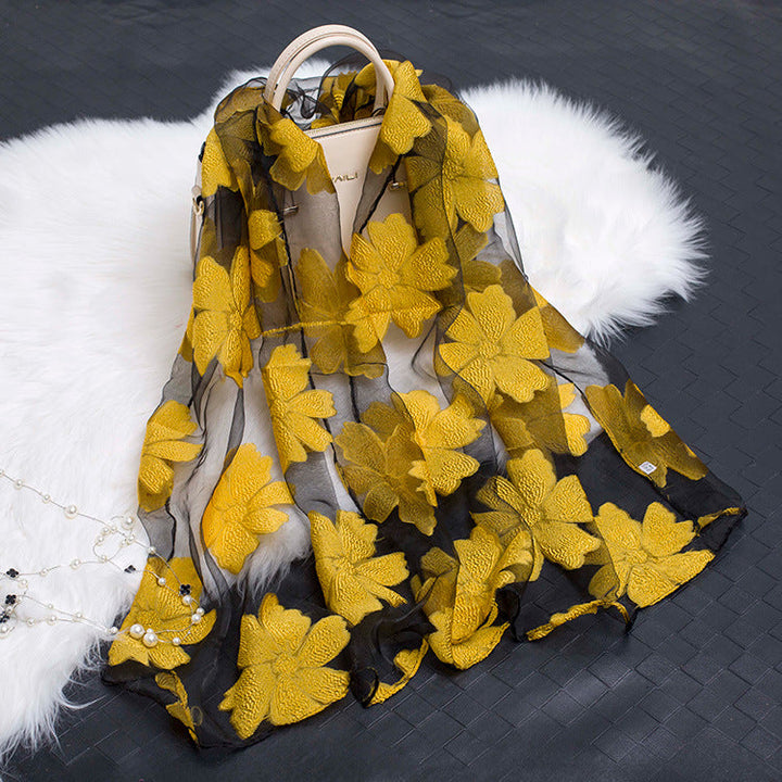Trendy women's silk scarf with floral pattern and cut-out design – Fiora (1+1 FREE)-Yellow 2-Nora Luxe