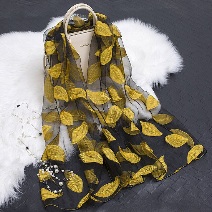 Trendy women's silk scarf with floral pattern and cut-out design – Fiora (1+1 FREE)-Yellow leaves-Nora Luxe