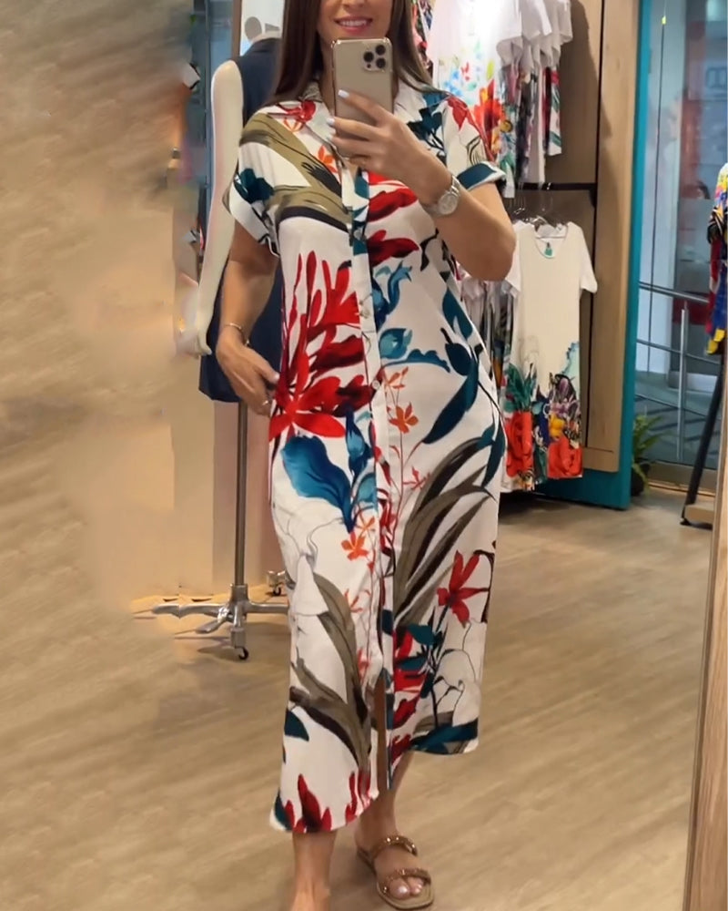 Trendy women's summer dress with print & shirt collar - Flora-S-Nora Luxe