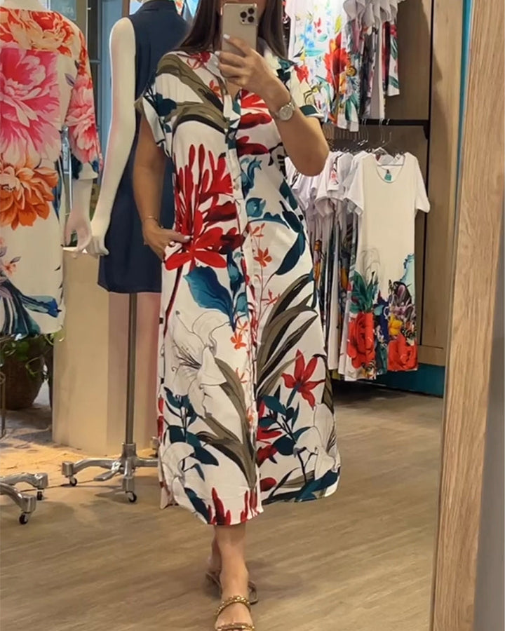 Trendy women's summer dress with print & shirt collar - Flora-S-Nora Luxe