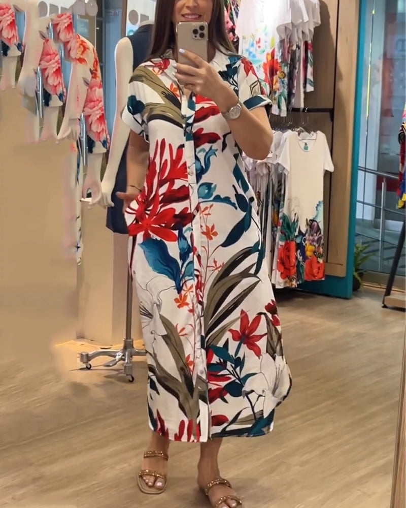 Trendy women's summer dress with print & shirt collar - Flora-S-Nora Luxe