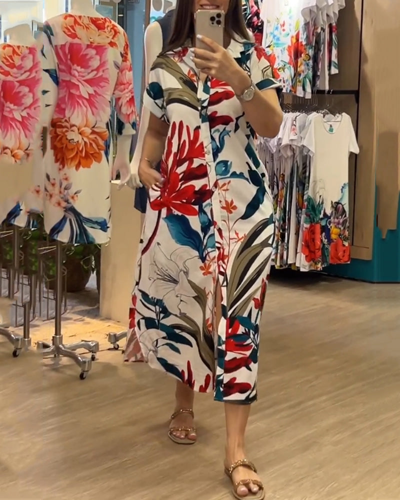 Trendy women's summer dress with print & shirt collar - Flora-S-Nora Luxe