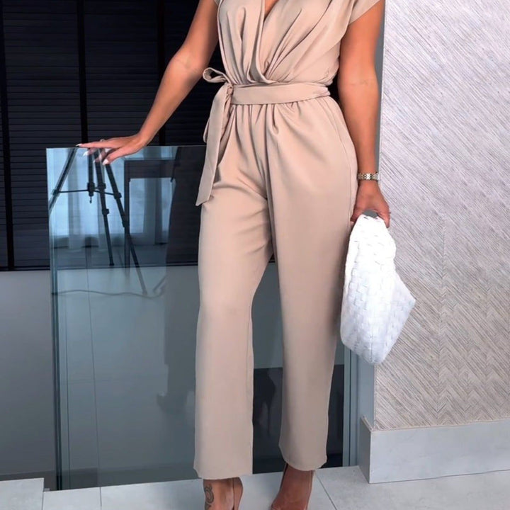 Trendy women's summer jumpsuit with short sleeves & waist emphasis – Alina-Beige-S-Nora Luxe