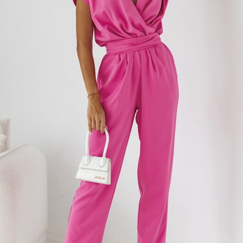 Trendy women's summer jumpsuit with short sleeves & waist emphasis – Alina-Pink-S-Nora Luxe