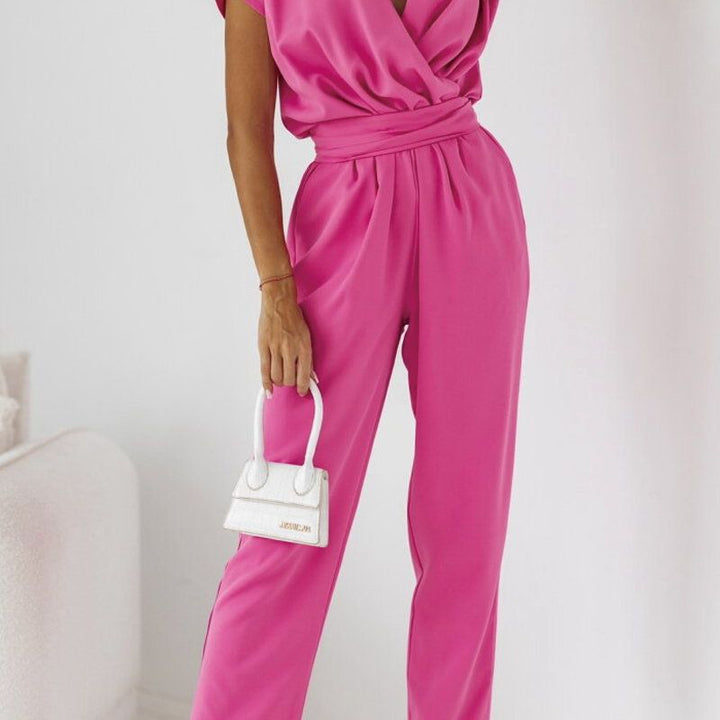 Trendy women's summer jumpsuit with short sleeves & waist emphasis – Alina-Pink-S-Nora Luxe