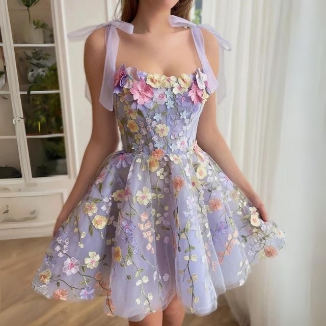 Tulle Cocktail Dress with Floral Appliqués - Rosalie-Purple-XS-Nora Luxe